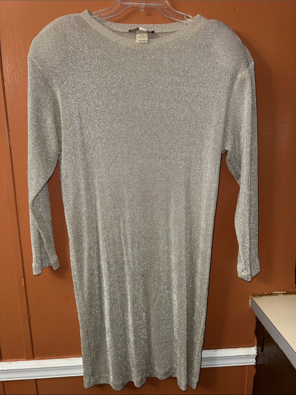Vintage 80s 90s Alexis Fashions Silver Metallic Lurex Knit Dress Made in USA